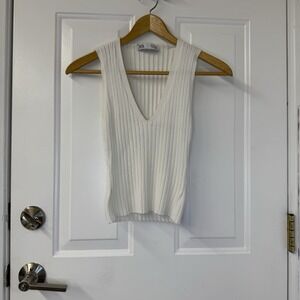 Zara Ribbed Knit Sleeveless V Neck Pullover Sweater Tank Vest White Size S‎